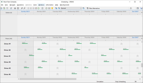 Figure B: CREWS Short-term Scheduler showing the result of planning all duties referred in Figure A in the form of rosters, which are sequences of duties (represented with green lines) and days off (represented with letter “R”).